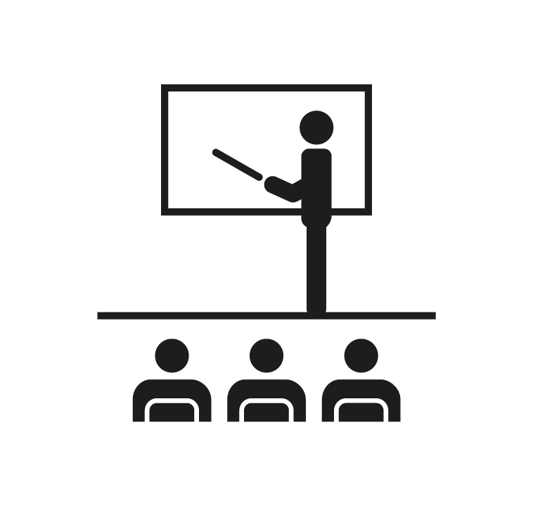 Una silueta señala con un pintero una pizarra o presentación ante un grupo de personas
