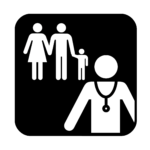 Persona con estetoscopio o fonendo y 3 siluetas de la mano: mujer, hombre y niño