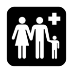 Siluetas de mujer, hombre y niño de la mano y cruz latina en la esquina