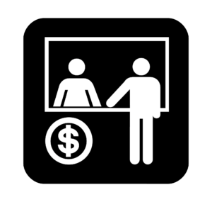 Persona atendiendo a otra en una ventanilla y moneda con símbolo de dólar