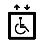 Pictograma de ascensor accesible: una persona en silla de ruedas dentro de un ascensor. El ascensor está representado con un cuadrado y fuera de este dos flechas en la parte superior. Una hacia arriba y otra hacia abajo.