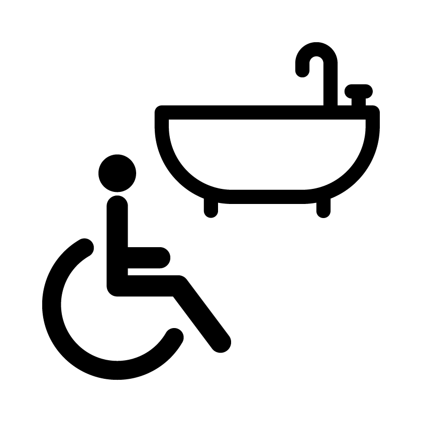Pictograma de bañera accesible: una persona en silla de ruedas junto a una bañera vista de perfil.