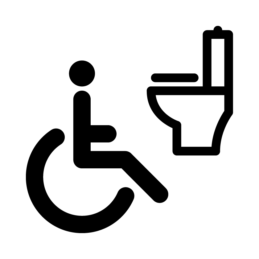 Pictograma de baño accesible: una persona en silla de ruedas junto a un inodoro visto de perfil.