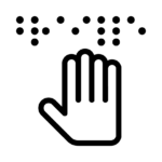 Pictograma de braille: una mano extendida y la palabra ‘braille’ escrita en braille.