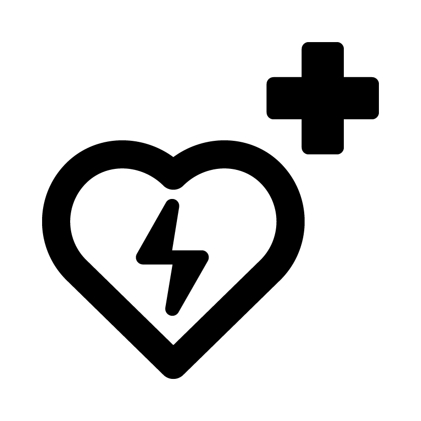 Pictograma de desfibrilador: un corazón con un símbolo de un rayo en su interior y la cruz médica en la parte superior derecha.