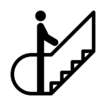 Pictograma de escaleras mecánicas: una persona de pie frente a unas escaleras que tienen un pasamanos que acompaña todo el recorrido de la escalera