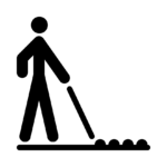 Pictograma de pavimento táctil: una persona ciega con un bastón blanco sobre una línea horizontal de la que sobresalen elementos semicirculares.