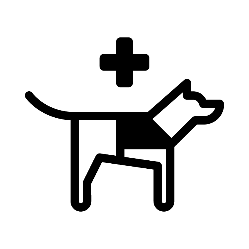 Pictograma de perro de aviso: el pictograma de perro de asistencia con una cruz médica encima.