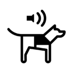 Pictograma de perro señal: el pictograma de perro de asistencia con el símbolo de un altavoz del que salen ondas sonoras encima.