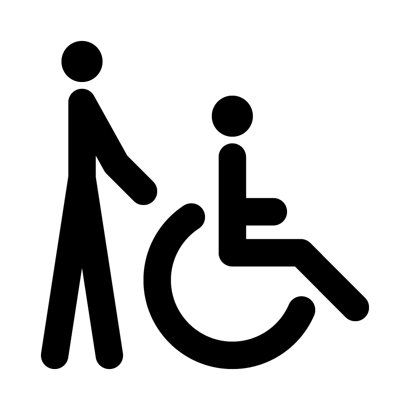 Pictograma de personal de apoyo a personas con movilidad reducida: una persona ayuda a desplazarse a otra en silla de ruedas.