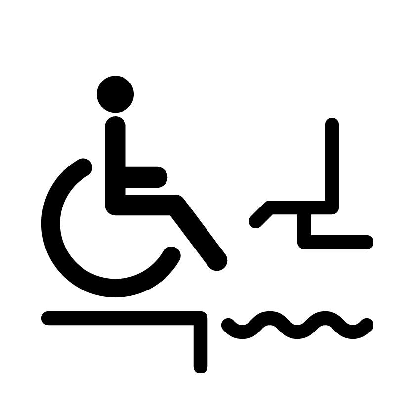 Pictograma de piscina accesible: una persona en silla de ruedas junto a una piscina y una grúa con asiento.