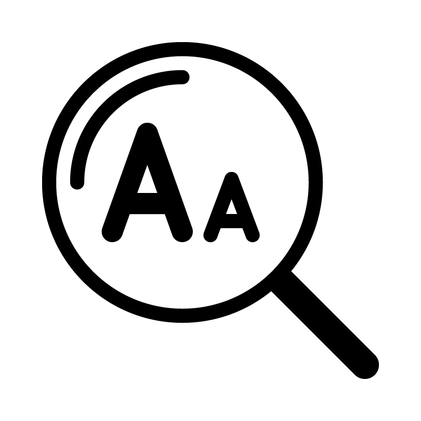 Pictograma de productos de apoyo para baja visión: una lupa dentro de la cual hay una letra A en maýuscula y otra a su lado derecho