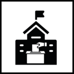 pictograma colegio electoral edificio con bandera tejado a 2 aguas y delante mano introduciendo sobre en una urna